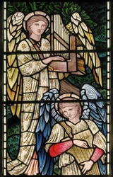 Wilden, All Saints, Morris & Co., Edward Burne-Jones, John Henry Dearle (1859-1932), Paratiisin enkelit, Enkelimuusikot, yksityiskohta, 1902-1914, Louisa, Alfred, The Baldwins, pääministeri, metodisti, Wo