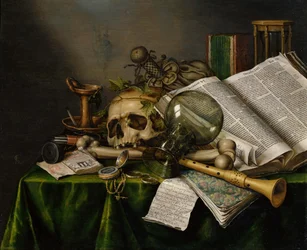 Vanitas. Asetelma, jossa on kirjoja, käsikirjoituksia ja pääkallo