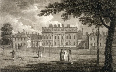 Näkymä Buckingham Housesta, kaivertanut W. Knight, julkaistu 1799