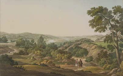 Plain of Olympia, levy 6 osasta 1 "Näkymät Kreikassa", kaiverrus J. Bailey, 1820 (akvatinta)