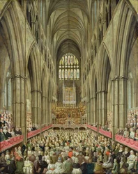Sisäkuva Westminster Abbeystä Händelin 100-vuotisjuhlan kunniaksi, otettu johtajan lippasta, n. 1793