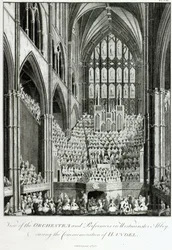Näkymä orkesterista ja esiintyjistä Westminster Abbeyssa Händelin muistojuhlan aikana, Charles Burney, 1785