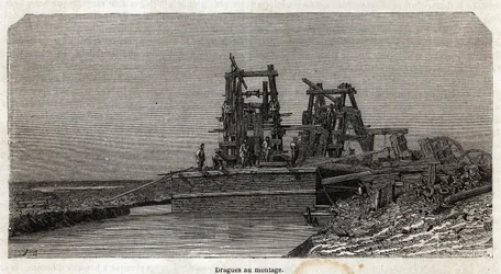 Grenetin piirustukset Suezin kanavalla havainnollistamaan Paul Merruaun retkiä Suezin kanavalle vuonna 1862. Kaiverrus kirjassa "" Le tour du monde", toimittanut Edouard Charton
