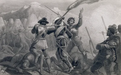 The Pequod War, 1636, julkaisusta "The History of the United States", osa. Minä, Charles Mackay, kaiverrus James Charles Armytage (n. 1820-97)