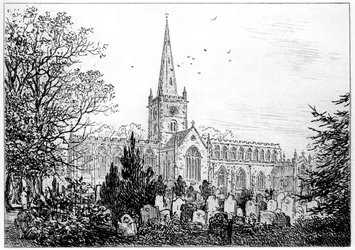 Stratfordin kirkko pohjoisesta katsottuna, Stratford-upon-Avon, Warwickshire, 1885.