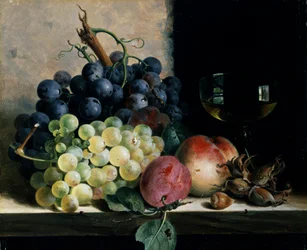 Asetelma, jossa on hedelmiä ja viinilasi. Edward Ladellin (1821-1886) maalaus Yksityiskokoelma.