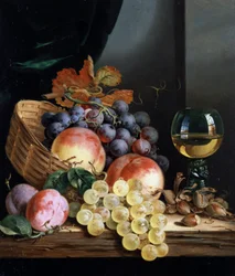 Hedelmien ja hasselpähkinöiden asetelma. Edward Ladellin (1821-1886) maalaus Yksityiskokoelma.