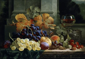 Hedelmien ja perhosen asetelma. Edward Ladellin (1821-1886) maalaus Yksityiskokoelma.