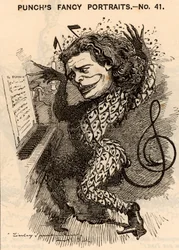 ""Anton Rubinstein (1829-1894) venäläinen pianisti, säveltäjä ja kapellimestari, Pietarin konservatorion perustaja. Lontoon konserttikaudella 1881 hän ansaitsi noin 10 000 puntaa. Yksi hänen sävellyksistään oli ooppera "Demon" (1875). Edwan sarjakuva