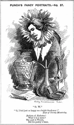 Oscar Wilde (1854-1900) irlantilainen näytelmäkirjailija, kirjailija, runoilija ja nokkeluus. Edward Linley Sambournen sarjakuva Punch Londonin "Fancy Portraits" -sarjasta 25. kesäkuuta 1881, jossa Wilde näkyy auringonkukana. Puunkaiverrus