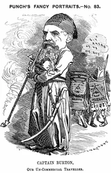 Richard Francis Burton (1821-1890), englantilainen orientalisti ja tutkimusmatkailija. Edward Linley Sambournen sarjakuva Punch, Lontoo