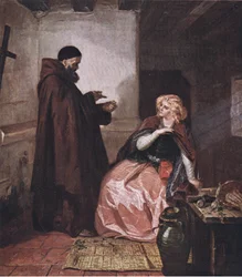 Julia ja veli Lorenzo (Romeo ja Julia): "Ota pullo, kun olet vuoteessa, ja juo tämä tislattu neste", William Shakespearen kootuista teoksista, julkaissut J Coker & Co Ltd