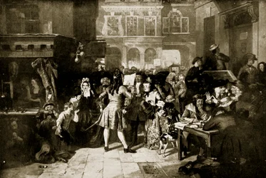 The South Sea Bubble: Change Alley, 1720, kuvitus "Hutchinsonin tarinasta brittiläisestä kansasta", n. 1923