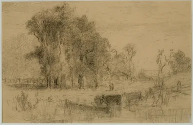 Maisema, soutuvene ja lehmät (nro 57) C. 1880 (grafiitti paperille)