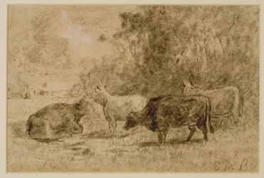 Maisema neljän lehmän kanssa, c. 1880-luku (hiili paperilla)