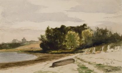 Maisema Log on the Beachin kanssa (#40), c. 1880 (akvarelli paperille)