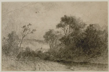 Maisema kattojen kanssa puiden takana (#49) c. 1880-luku (grafiitti paperille)