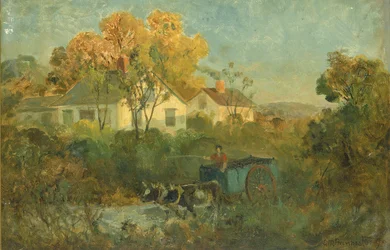 Juomaallasmies kärryssä härkien kanssa uima-altaalla, 1895.