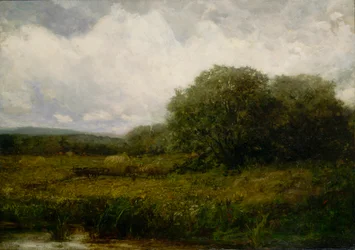 Nimetön (maisema, jossa härät ja heinäkärryt ylittävät siltaa)