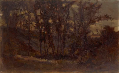 Nimetön metsänäkymä, kaatunut puu etualalla ja talo taustalla, 1873.