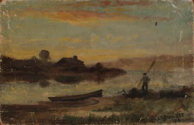 Nimetön maisema, lähelle rantaa kiinnitetty vene ja kävelevä mies, 1896.