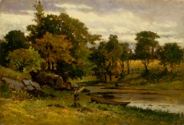 Nimetön maisema, puron lähelle kiinnitetty vene, etualalla kävelevä mies, 1879.