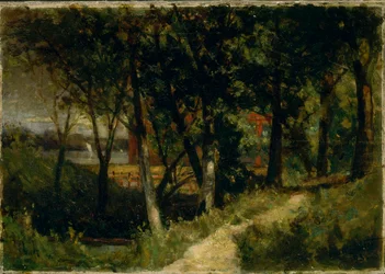 Nimetön maisema, metsämaisema punaisella aidalla ja rakennuksella, 1893.
