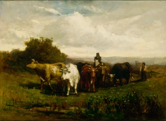 Nimetön mies hevosen selässä, nainen jalkaisin ajamassa karjaa, 1880.