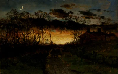Nimetön auringonlasku neljänneskuu ja maalaistalo, 1883.