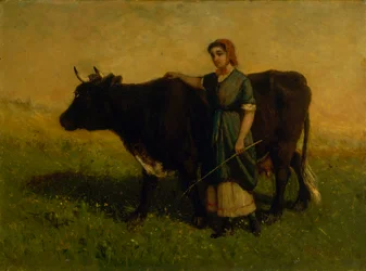 Nimetön nainen kävelee lehmän kanssa, n. 1869.