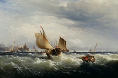 Kalastusveneiden lyöminen tuuleen päin, n. 1858.