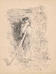 Seisova miespuolinen talonpoika, noin 1878 (kynä ja mustaa tussia vellapaperille).