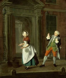 Hyvin pukeutunut palvelijatyttö pyörittää moppiaan, c1764