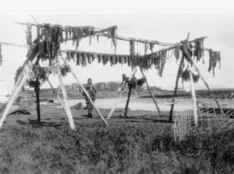 Eskimomies seisoo rakennuksen alla valaanlihaa roikkumassa kuivumassa, n. 1929 (m/v kuva)