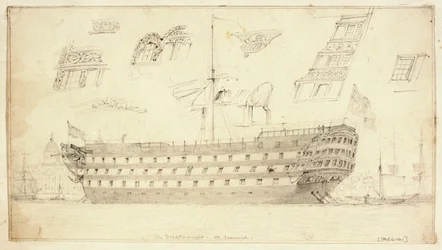 Dreadnought Greenwichin edustalla, noin 1830 (grafiitti).