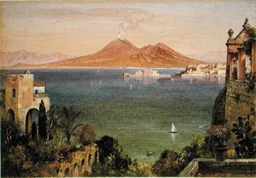 Vesuvius ja Castel del Oro, Napoli, nähtynä Villa Cedronista, Posillippo (öljy paperille, kartongille kiinnitetty)