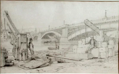Näkymä Southwark Bridgelle ja Thames-joelle Banksidesta, kaksi nostotornia etualalla
