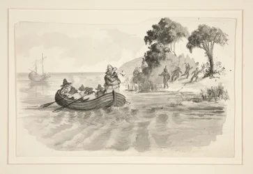Homes en barca de rems que fugien dels indis a la costa - il·lustració no identificada (en Colom descobrint el Nou Món?) - exploradors que desembarquen al Nou Món finlandès