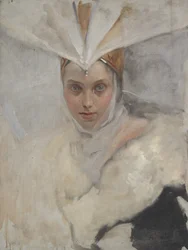 Nainen, jolla on kalasääsken päähine ja valkoinen turkiskaulus, 1897