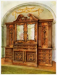 Veistetty suljettu mahonki kirjahylly, tyyli Chippendale, ranskalainen vaikutus, 1911-1912.