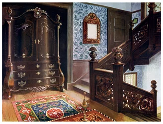 Kaiverrettu saksanpähkinäpommi-kaappi, jossa on kiinnikkeet, 1910.