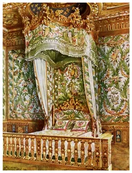 Marie Antoinetten kullattu valtion sänky, Queens Bedroom, Fontainebleaun palatsi, Ranska, 1911-1912.