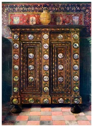 Saksanpähkinä upotekoristeinen ja maalatut Delft-tavaroiden medaljongit, 1910.