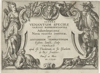 Otsikkoprintti sarjalle, jossa on metsästyskohtauksia Metsästyskohtaukset (sarjan nimi) Icones Venantum Species Varias Representantes (sarjan nimi esineessä)