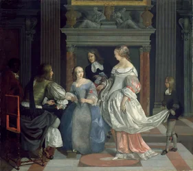 Sisätila, jossa naiset ja herrat pelaavat korttia, 1660-luvun puoliväli (öljy kankaalle)