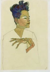 Omakuva kädet rinnassa. (Omakuva, jossa kädet rinnassa). Egon Schielen (1890-1918) työ, akvarelli ja liitu paperille