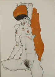 Naisalaston oranssinpunaisen kankaan kanssa, 1914