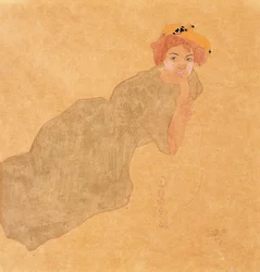 Tyttö oliivinvärisessä mekossa, jossa on tuettu käsivarsi, 1908