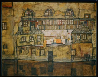 Hauswand am Fluss (akvarelli kankaalle)