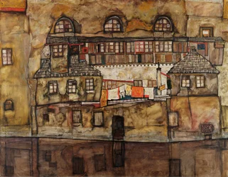 Talojen seinä joella - Egon Schielen (1890-1918) maalaus, öljy kankaalle